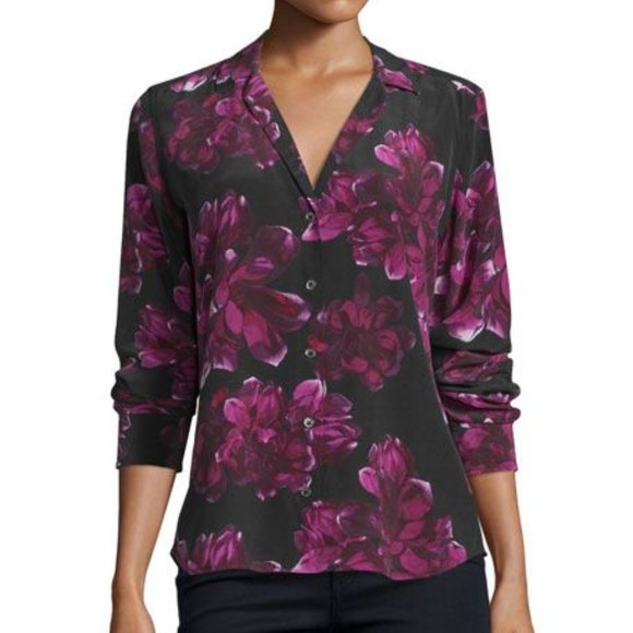 Equipment Adalyn Long-Sleeve Floral-Print Silk Shirt True Black/Hollyhoc… - Picture 1 of 13